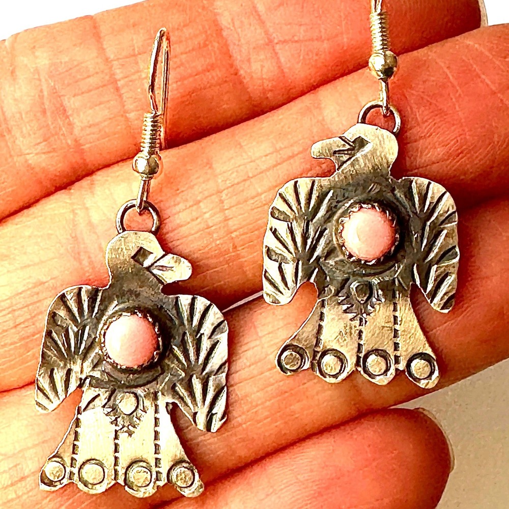 Navajo‎ Thunderbird Earrings Pink Conch Sterling Gabriela Yazzie Signed Native